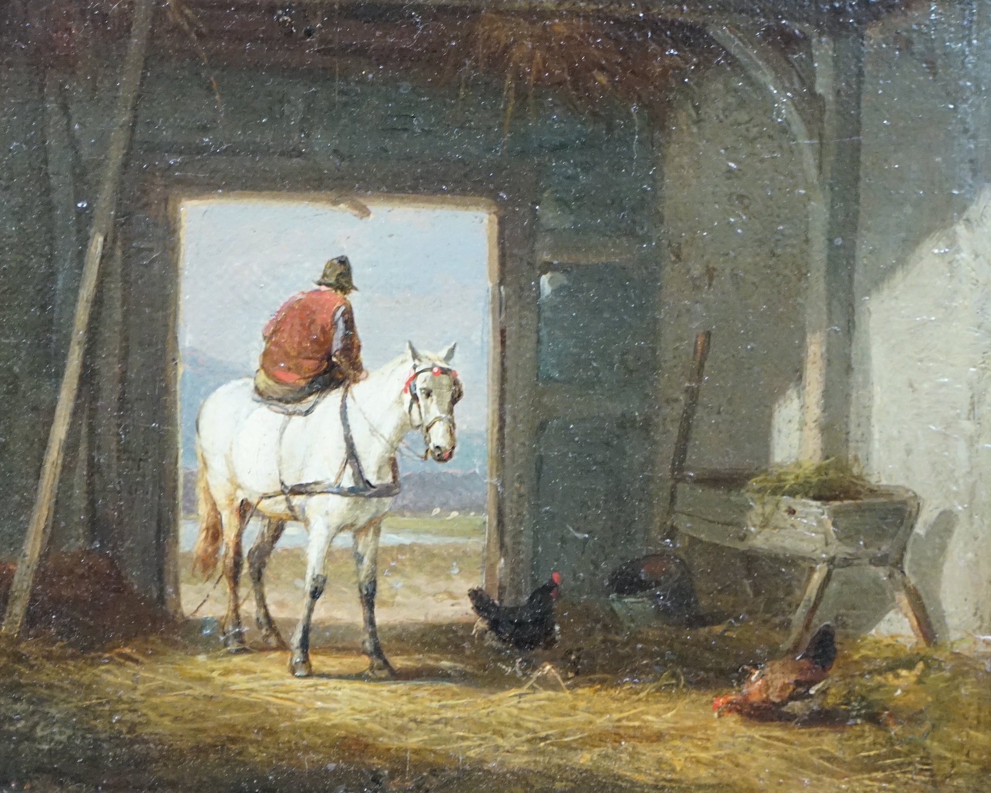 Attributed to Eugene Verboeckhoven (Belgian, 1798-1881), pair of oils on canvas laid on board, Horse and rider entering and leaving a stable, 12 x 14.5cm